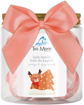 Tso Moriri kule do kąpieli z masłem shea i olejem kokosowym, w słoiku z różową kokardą i reniferem.