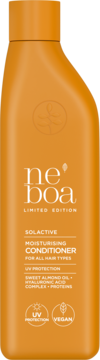 Pomarańczowa butelka Neboa Solactive Moisturising Conditioner do wszystkich rodzajów włosów, UV Protection, przód.