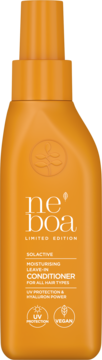 Pomarańczowa butelka Neboa Solactive Leave-In Conditioner, limitowana edycja, z symbolami UV Protection i Vegan.