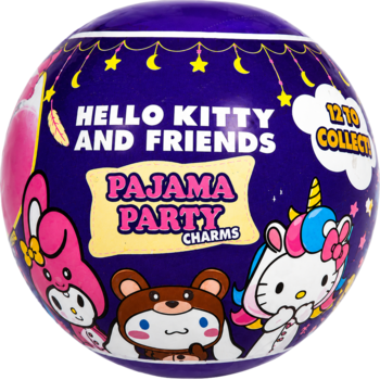 Fioletowa kapsuła Hello Kitty and Friends Pajama Party z charakternymi charmsami 3D, widok z przodu.