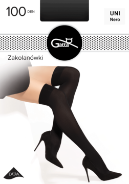 Opakowanie rajstop Gatta, czarne, kryjące zakolanówki 100 DEN z LYCRA, na białym tle, widok z przodu.