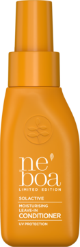 Pomarańczowy spray Ne’boa Solactive, odżywka Leave-In UV Protection, z reliefowym logo, widok z przodu.