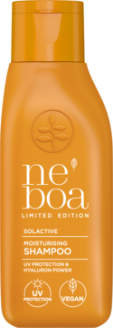 Pomarańczowy szampon Neboa Solactive Moisturising Shampoo, z ochroną UV i hialuronem, butelka, widok z przodu.