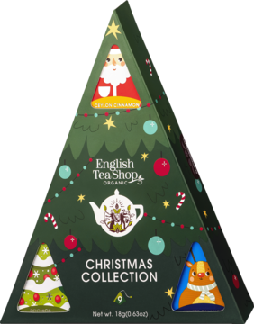 Trójkątny zestaw herbat English Tea Shop Organic Christmas Collection w zielonym pudełku choinkowym z Mikołajem.