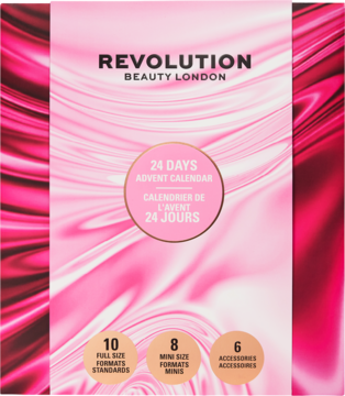 Revolution Beauty London 24-dniowy kalendarz adwentowy, różowe opakowanie z kosmetykami i akcesoriami, widok z przodu.
