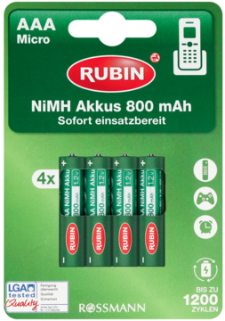 Zielony blister z czterema akumulatorkami AAA Micro NiMH Rubin 800 mAh, gotowe do użycia, widok z przodu.