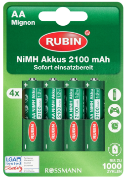 Czteropak baterii akumulatorowych Rubin AA NiMH 2100 mAh, gotowych do użycia, w zielono-czarnym blistrze, widok z przodu.
