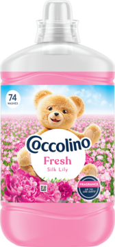 Coccolino Fresh Silk Lily, płyn do płukania, duża różowa butelka z misiem i polaną kwiatów, 74 prania.