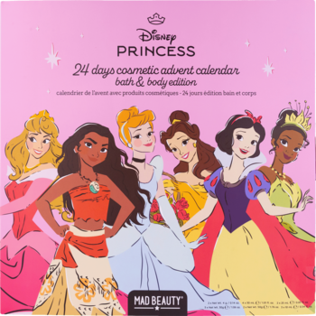 Różowy kalendarz adwentowy Disney Princess Mad Beauty, kosmetyczny, 24-dniowy, widok z przodu.