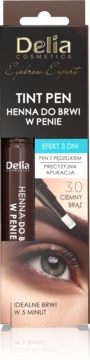 Delia Cosmetics Eyebrow Expert Tint Pen, henna do brwi w piórze, odcień 3.0 ciemny brąz, front opakowania.