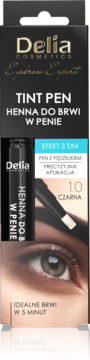 Czarne opakowanie Delia Tint Pen Henna do brwi, kolor 1.0 Czarna, z widokiem na aplikator i oko.