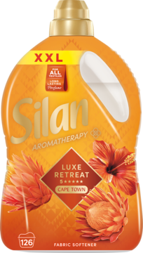 Silan Aromatherapy Luxe Retreat Cape Town płyn, butelka XXL pomarańczowa z kwiatami Protea, widok przód.