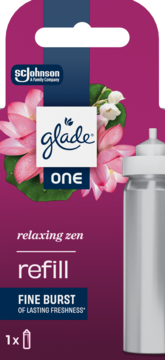 Glade One Relaxing Zen wkład do odświeżacza powietrza, magenta opakowanie z kwiatami lotosu i jaśminu, widok z przodu.