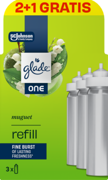Glade One muguet refill 3-pack air freshener, 2+1 GRATIS, green packaging with lily of the valley flowers.