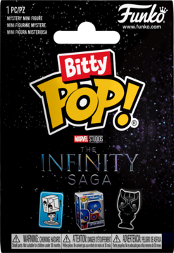 Opakowanie Funko Bitty Pop! Marvel Infinity Saga Mystery Mini Figure, czarne tło z żółtym logo i trzema figurkami.