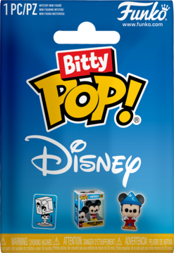 Niebieska saszetka Funko Bitty Pop! Disney z żółtym logo, przedstawiająca tajemniczą mini-figurkę Sorcerer Mickey.