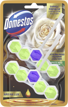 Domestos Aroma Lux White Rose Dream kostki toaletowe, trzy zawieszki z zielono-fioletowymi heksagonami w złotym blistrze.