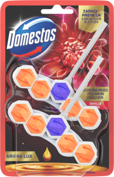 Domestos Aroma Lux Dhalia Wish: kostki toaletowe w czerwonym opakowaniu, dwie zawieszki z pomarańczowo-fioletowymi blokami.