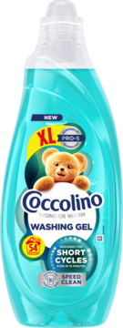 Coccolino Wonder Wash Speed Clean, żel do prania w krótkich cyklach, 54 prania, niebieska butelka z misiem.
