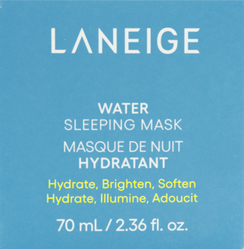 LANEIGE Water Sleeping Mask w niebieskim opakowaniu, widok z przodu, z napisami 'Hydrate, Brighten, Soften'.