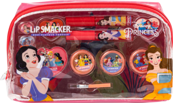 Zestaw Lip Smacker Disney Princess: przeźroczysta kosmetyczka z różowym zamkiem, kosmetyki i akcesoria dla dzieci, widok z przodu.