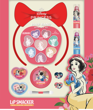 Disney Princess Lip Smacker Snow White zestaw makijażu: opaska, paleta cieni, błyszczyki, puder na różowym tle.