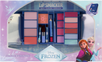 Lip Smacker Frozen zestaw makijażowy. Niebieski, rozkładany kuferek z paletą cieni, błyszczykami i pędzlami.