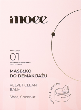 Moee Velvet Clean Balm, grafika "KROK 1" z opisem "MASEŁKO DO DEMAKIJAŻU" oraz składnikami Shea i Coconut.