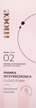 Moee Cloud Foam pianka oczyszczająca z pantenolem i centellą, do 2. etapu. Różowe opakowanie, widok z przodu.