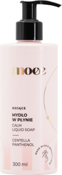 Kojące mydło w płynie Moee Calm Liquid Soap 300ml, jasnoróżowa butelka z czarną pompką, centella i pantenol.