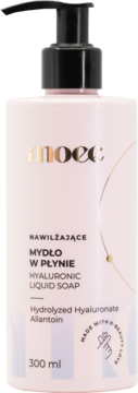 Moee Hyaluronic Liquid Soap, bladoróżowa butelka 300ml z czarną pompką, widok z przodu.