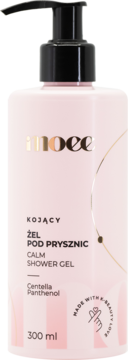 Różowy żel pod prysznic Moee Calm z pompką, widok z przodu. Zawiera Centella Panthenol, 300 ml.