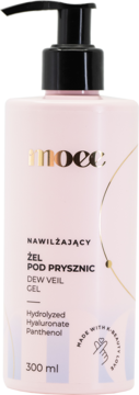 Różowy nawilżający żel pod prysznic Moee Dew Veil Gel 300 ml z pompką, widok z przodu, z kwasem hialuronowym.