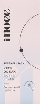Moee Barrier Repair krem do rąk regenerujący z ceramidami i hialuronem, beżowo-różowe opakowanie, przód.