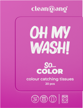 Różowe opakowanie clean@ang OH MY WASH! COLOR chusteczki wyłapujące kolor, 20 szt., widok z przodu.