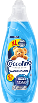 Front niebieskiego żelu do prania Coccolino Wonder Wash XL (54 prania) do krótkich cykli, z misiem i Odor Protection.