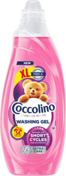 Różowy żel Coccolino Wonder Wash Ultra Care, do krótkich cykli, z misiem, widok z przodu butelki XL.