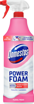Różowy spray Domestos Power Foam Floral Fresh 450ml, widok z przodu, do toalet i łazienek, działa do góry nogami.
