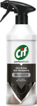 Biały spray Cif Perfect Finish do stali nierdzewnej, z czarną nakrętką, widok z przodu, lekko pod kątem.
