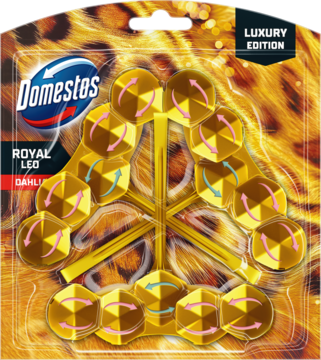 Złota kostka toaletowa Domestos Royal Leo Luxury Edition w blistrze, heksagonalne segmenty na tle panterki.