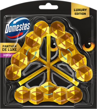 Domestos Panther de Luxe Hibiscus, złota kostka toaletowa w czarnym blistrze Luxury Edition, widok z góry.