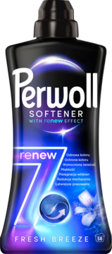 Perwoll Renew 7 Softener Fresh Breeze, czarna butelka z niebiesko-fioletowym wzorem i cyfrą 7, widok z przodu.