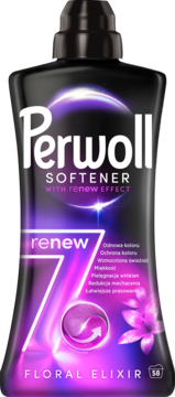 Perwoll Renew 7 Floral Elixir płyn do płukania tkanin, czarna butelka z fioletowo-różową etykietą, widok z przodu.