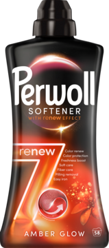 Płyn do płukania Perwoll Renew 7 Amber Glow, czarna butelka z pomarańczowo-czerwonymi detalami, widok z przodu.