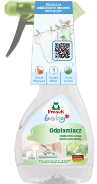 Frosch Baby odplamiacz w białej butelce ze sprayem, usuwa plamy z mleka i marchewki z ubranek, widok z przodu.