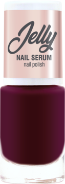 Bordowy lakier do paznokci Jelly Nail Serum w szklanej butelce z jasnoróżową nakrętką. Widok z przodu.