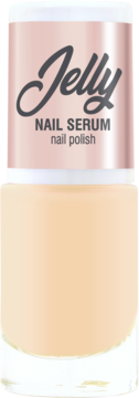 Jelly Nail Serum, beżowy lakier do paznokci w szklanej butelce, różowa nakrętka z logo, widok z przodu.