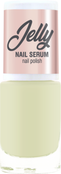 Jelly Lakier do paznokci serum, półtransparentny jasnozielony, z różową etykietą, widok z przodu.