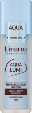 Jasnoniebieska butelka Lirene AQUA LUMI Gel Base-Serum, nawilżająca baza z PDRN i kwasem hialuronowym.