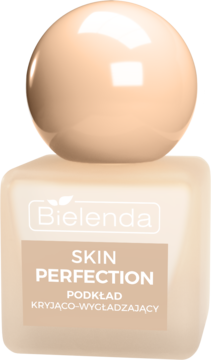 Bielenda Skin Perfection, beżowy podkład kryjąco-wygładzający, butelka z kulistą nakrętką, widok z przodu.